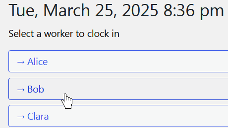 Admin can clock in a selected worker.